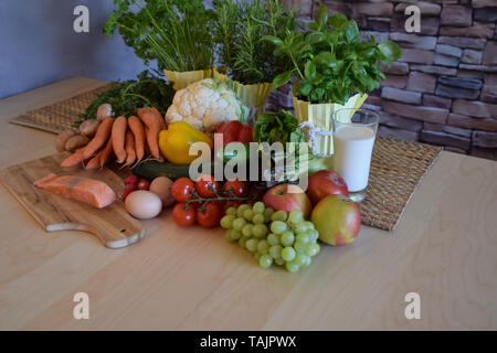 low carb diet with fruits, vegetables and fish Stock Photo