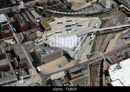 aerial views of Bolton Interchange, Bus & Coach Station, Lancashire, UK Stock Photo