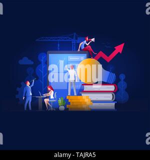 Vector illustration people are working on marketing and financial issues together on large screen and building a new achievements. Business finance, i Stock Vector