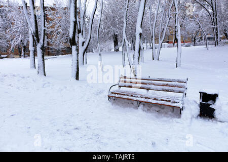 Beautiful view of the wooden bench in the alley of the city park covered with snow, on the left side of the copy space for advertising Stock Photo