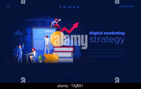Vector illustration people are working on marketing and financial issues together on large screen and building a new achievements. Business finance, i Stock Vector