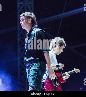 Julian Casablancas, singer, and Nick Valensi, guitarist, of American indie rock band The Strokes performing live at the All Points East music festival at Victoria Park, East London, England, UK Stock Photo