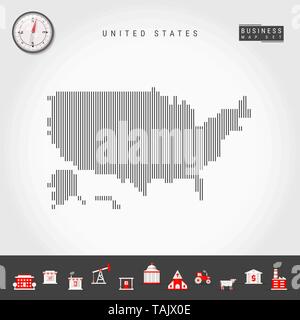 Vector Vertical Lines Map of the United States. Striped Silhouette of USA. Realistic Compass. Business Icons Stock Vector