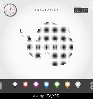 Vector Dots Map of Antarctica. Simple Silhouette of Antarctica. Realistic Vector Compass. Multicolored Map Pins Stock Vector
