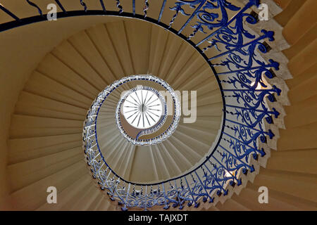 LONDON GREENWICH TULIP STAIRCASE IN THE QUEENS HOUSE  WITH LIGHTS AND LOOKING UP THE SPIRAL STAIRCASE TO THE SKYLIGHT Stock Photo