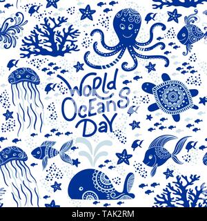 World ocean day hand drawn lettering and underwater animals. Jellyfishes, whales, octopus, starfishes and turtles. Seamless pattern background. Vector illustration doodle style. Protect ocean concept Stock Vector