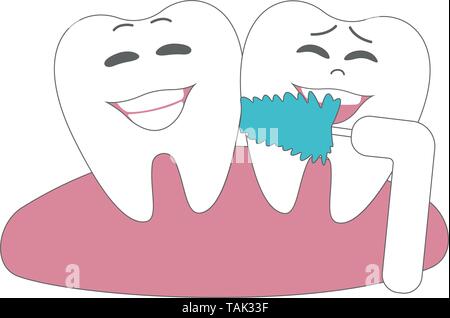 Cartoon illustrations of cute and funny teeth in mouth. Dental poster with toothbrush. Health tooth hygiene. Dental treatment vector poster banner Stock Vector