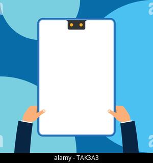 Two executive male hands holding electronic device geometrical background. Stock Vector