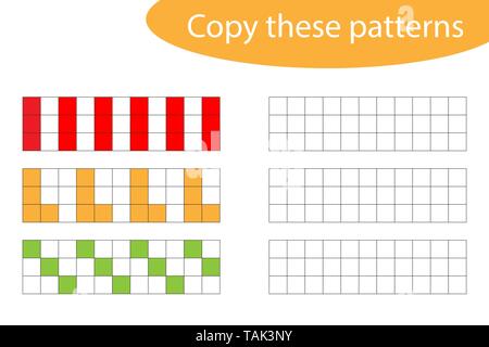 Copy these patterns, pixel art, drawing skills training, educational paper game for the development of children, kids preschool activity, printable Stock Vector