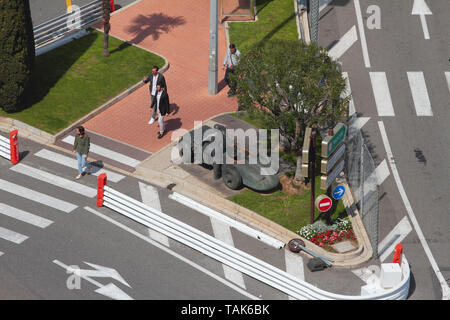 Monte Carlo, Monaco - Apr 19, 2019: Monument to racing driver at intersection of city streets Stock Photo