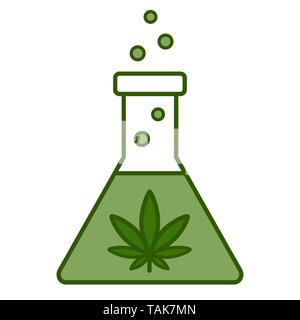 Chemical test tube with cannabis leaf icon. Isolated vector illustration on white background. Stock Vector