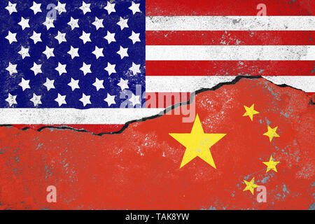 USA and China conflict concept.Flags of USA and China painted on cracked wall.