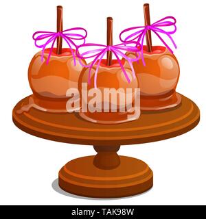 Set of candy apple dipped in melted caramel with stick of cinnamon isolated on white background. Handmade sweetness is toffee apple isolated on white Stock Vector