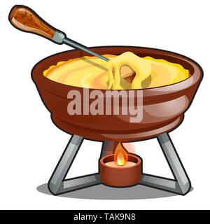 Cheddar and hot cheese fondue isolated on a white background. Cartoon vector close-up illustration. Stock Vector