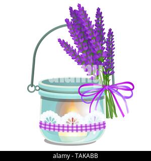 A hanging aroma lamp with burning candle and bouquet of lavender flowers isolated on white background. Cartoon vector illustration close-up. Stock Vector