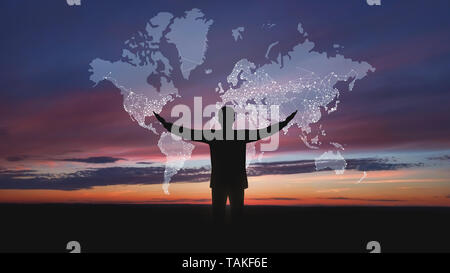 Global network concept. Male silhouette with abstract map Stock Photo