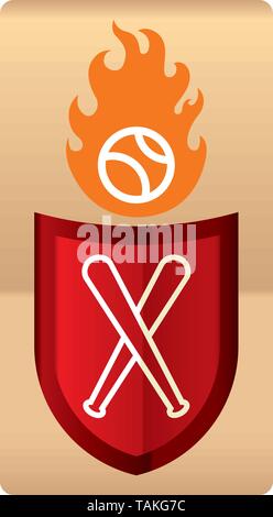 Vector illustration. Drawing of shiny baseball shield with ball in flames. Stock Vector