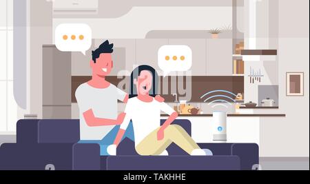 couple sitting on couch man woman using smartphone smart speaker voice recognition concept chat bubble communication modern living room interior flat Stock Vector