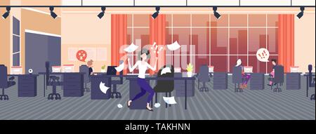 businesswoman throwing paper sheets angry emotional business woman screaming on workers bad job conflict problem concept modern co-working open space Stock Vector