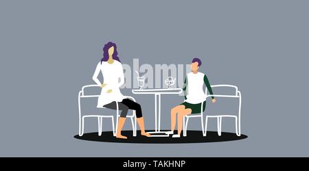 mother with son sitting at cafe table woman drinking coffee boy eating ice cream family having fun in restaurant sketch doodle horizontal full length Stock Vector