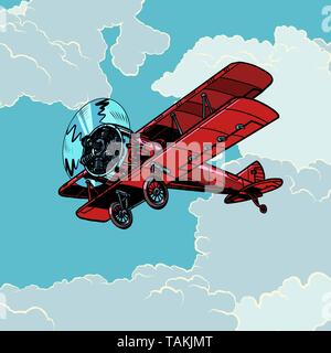 retro biplane plane flying in the clouds. Pop art vector illustration vintage kitsch Stock Vector