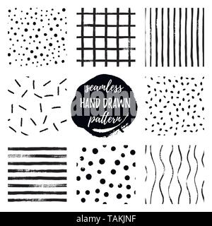 Set black and white hand draw vector seamless patterns Strip, Grid, Polka Dot. Endless textures in monochrome. Scandinavian simple style. Stock Vector