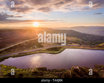 Aerial view at sunset Brecon Beacons. Keepers Pond, The Blorenge, Abergavenny, Wales, United Kingdom Stock Photo