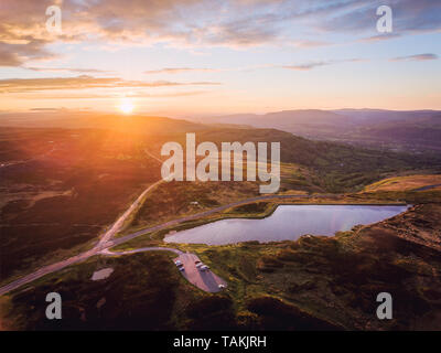 Aerial view at sunset Brecon Beacons. Keepers Pond, The Blorenge, Abergavenny, Wales, United Kingdom Stock Photo