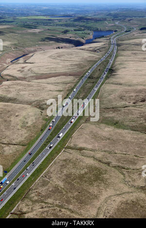 aerial view of junction 22 of the M62 in the Pennines near Manchester ...