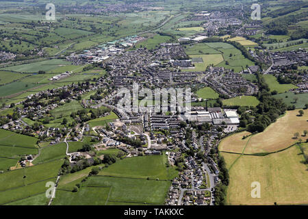 aerial view of Glusburn from the west, with Cross Hills in the background, North Yorkshire Stock Photo