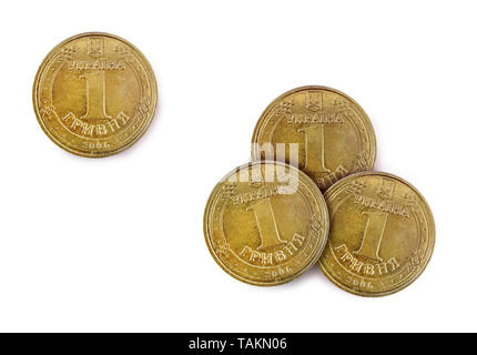 Ukrainian copper metal coin, one and three hryvnia, on a white background, money, top view Stock Photo