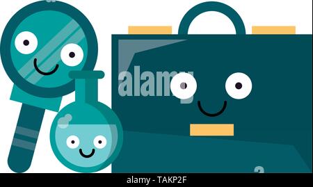 Business briefcase with magnifying glass and flask vector illustration Stock Vector