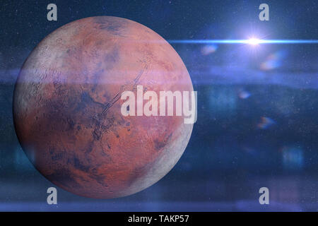 planet Mars during the Martian winter in front of the stars and the sun (3d illustration, elements of this image are furnished by NASA) Stock Photo