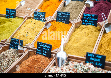 assortment of spices in a popular market Stock Photo