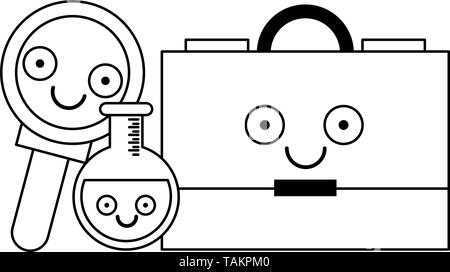 Business briefcase with magnifying glass and flask in black and white Stock Vector