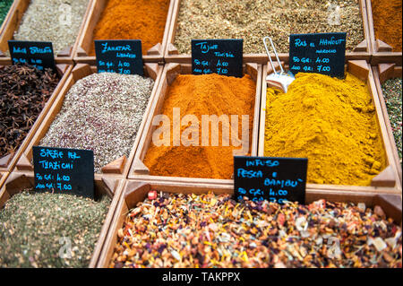 assortment of spices in a popular market Stock Photo