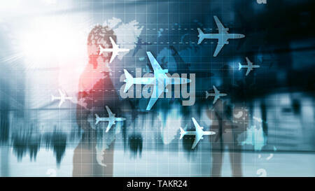 Air travel concept. Airplane on world map Blured Business background Stock Photo
