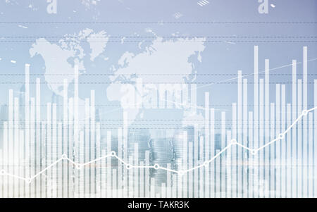 Mixed media of graph and rows of coins for finance and business concept ...