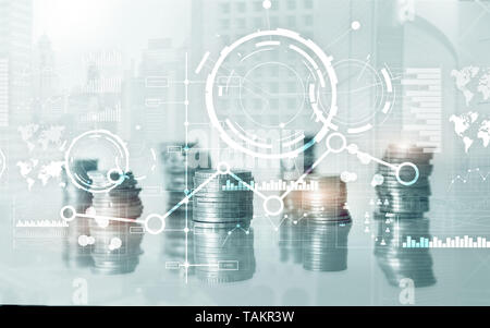 Creative digital abstract business interface background. Financial chart graph diagram and icon on virtual screen. Double exposure. Stock Photo