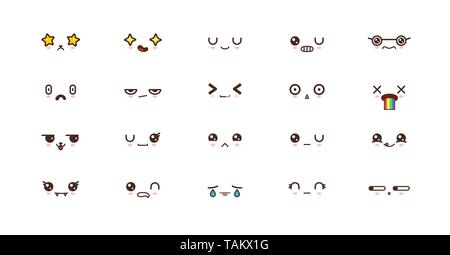 Kawaii icons faces expressions cute smile emoticons. Japanese emoji Stock Vector