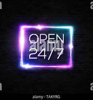 Open sign. 24 hours 7 days a week. Neon signage. Stock Vector