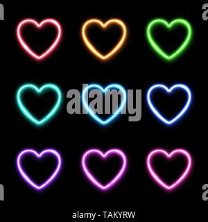 Neon light hearts set on dark background. Stock Vector