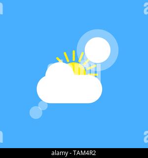 Sunny weather sign icon on blue background. Yellow sun and cloud illustration Stock Vector