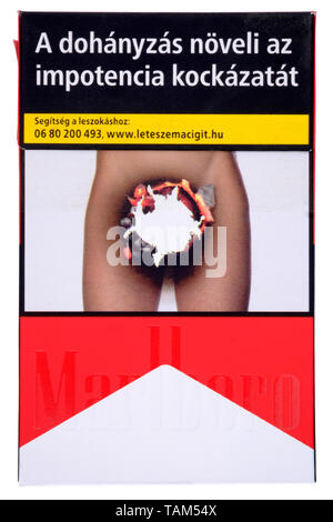 packet of hungarian marlboro cigarettes with graphic health warning picture on the front cut out on white background Stock Photo
