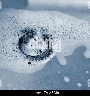Clogged and dirty waste-sink in the kitchen. Stock Photo