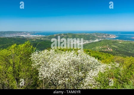 Panoramic view from castle Socerb in Slovenia to adriatic sea with bay of city Muggia and Koper Stock Photo