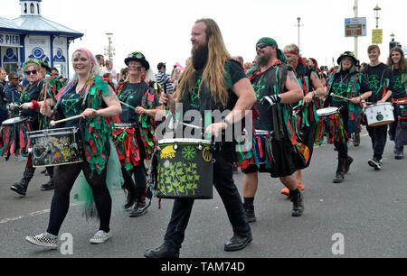 The Pentacle Drummers marching along the seafront at Eastbourne Sunshine Carnival, Sussex, England, UK. May Bank Holiday 2019 Stock Photo