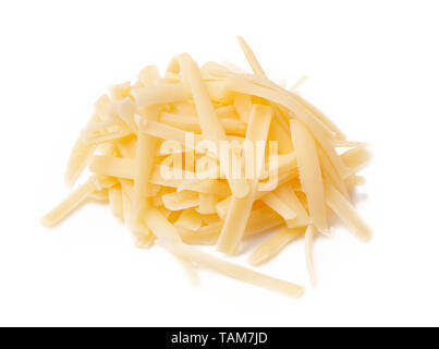 Grated cheese isolated on white background. Slices cheese. Stock Photo