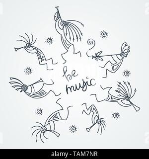 Be music. Hand drawn Kokopelli circle. Stylized mythical characters playing flutes. Vector art for prints. design, cards, children and coloring books, Stock Vector