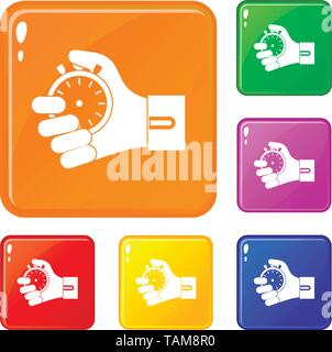 Hand holding stopwatch icons set vector color Stock Vector